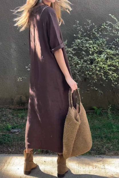 Women's casual solid color cotton and linen dress