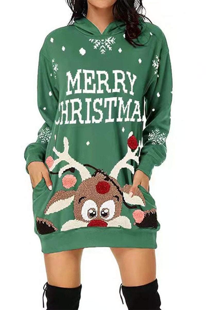 Women's Casual Christmas Printed Long Sleeve Hooded Dress