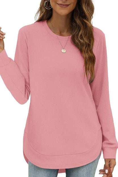 Women's Casual Round Neck Long Sleeve Curved Hem Top