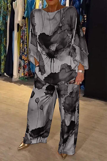 Women Casual Floral Printed Set Crew Neck Satin Two Piece Suit