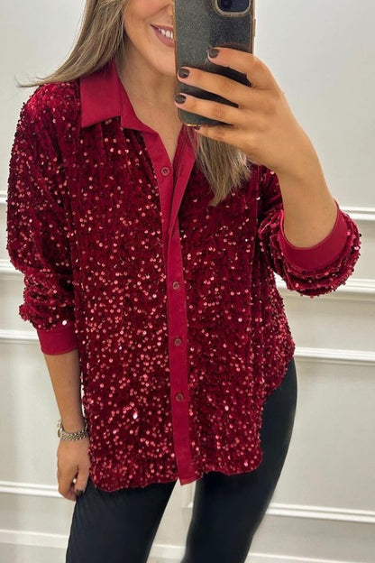 Women's Lapel Single Row Sparkly Party Shirt