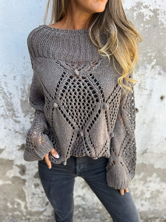 Round Neck Long Sleeve Knitted Top with Hollow Design