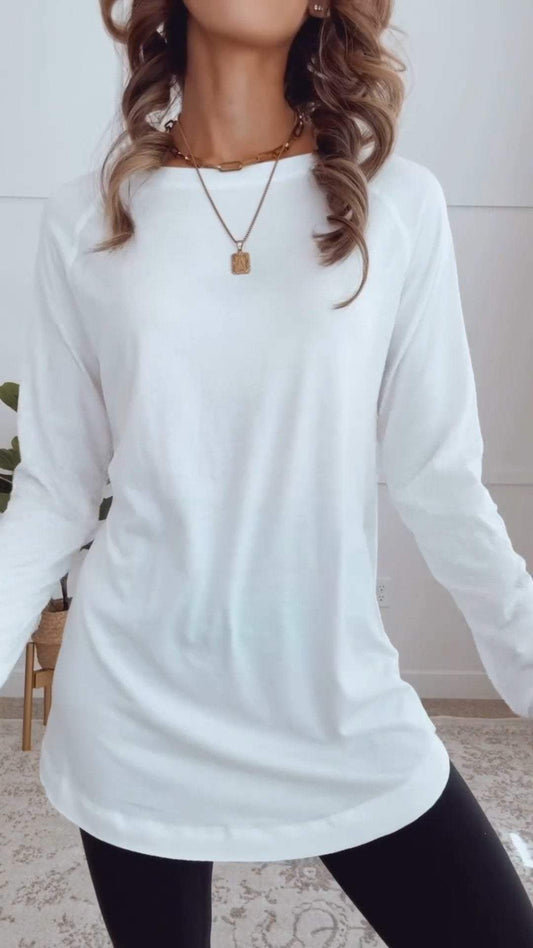 Women Long Sleeve Cotton Top Round Neck Casual Solid Color Top