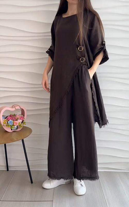 Women Linen Set Cotton and Linen Casual Round Neck Two-piece Suit