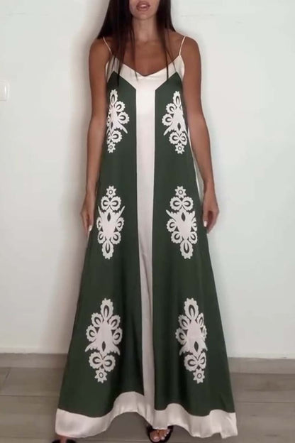 Women's spaghetti strap satin print maxi dress