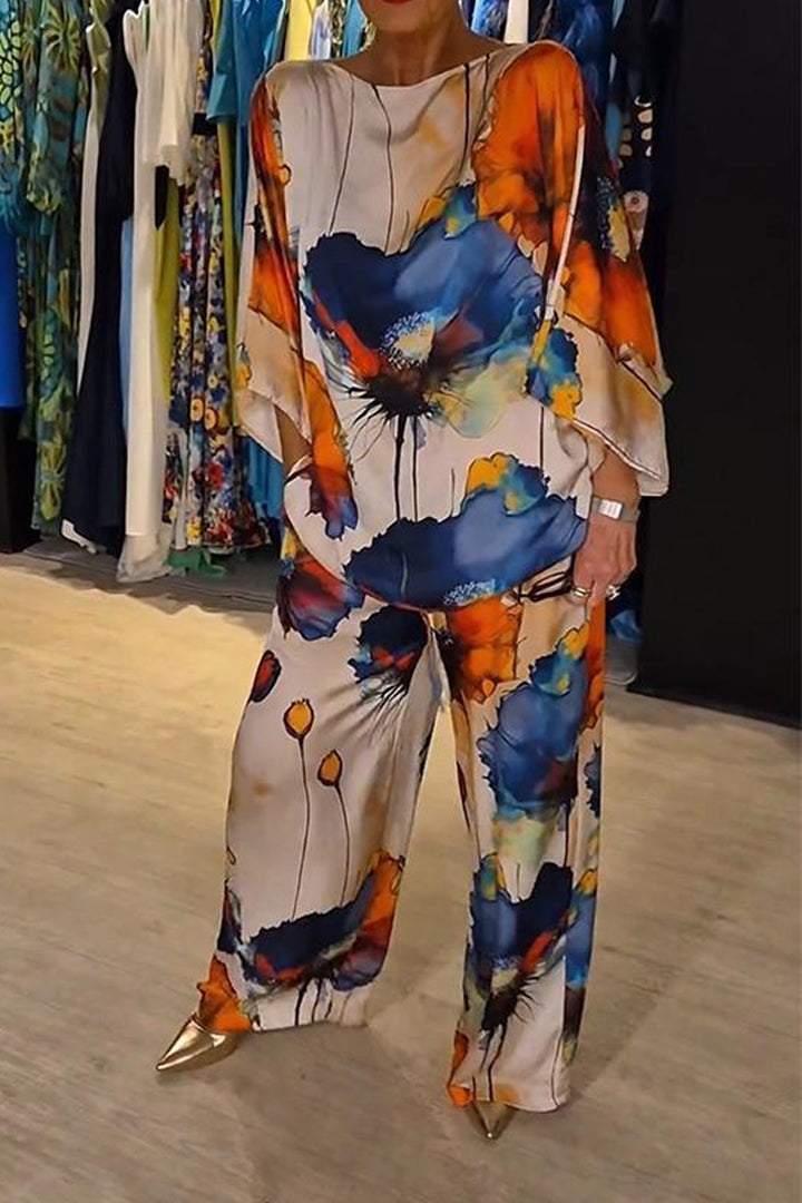 Women Casual Floral Printed Set Crew Neck Satin Two Piece Suit