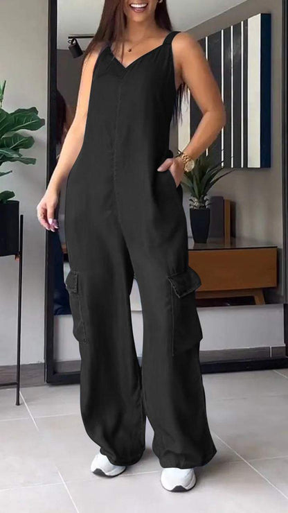 Women Thin Denim Cargo Pocket V-neck Jumpsuit