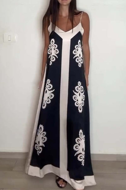 Women's spaghetti strap satin print maxi dress