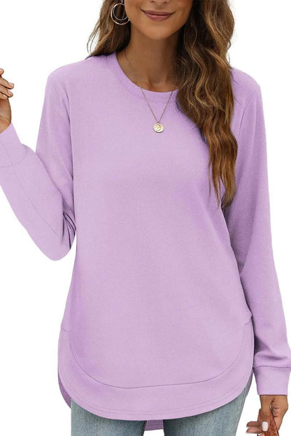 Women's Casual Round Neck Long Sleeve Curved Hem Top