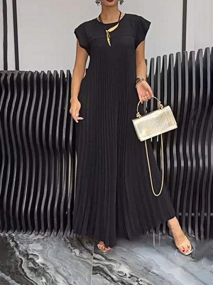 Solid Color Pleated Hem Loose Dress