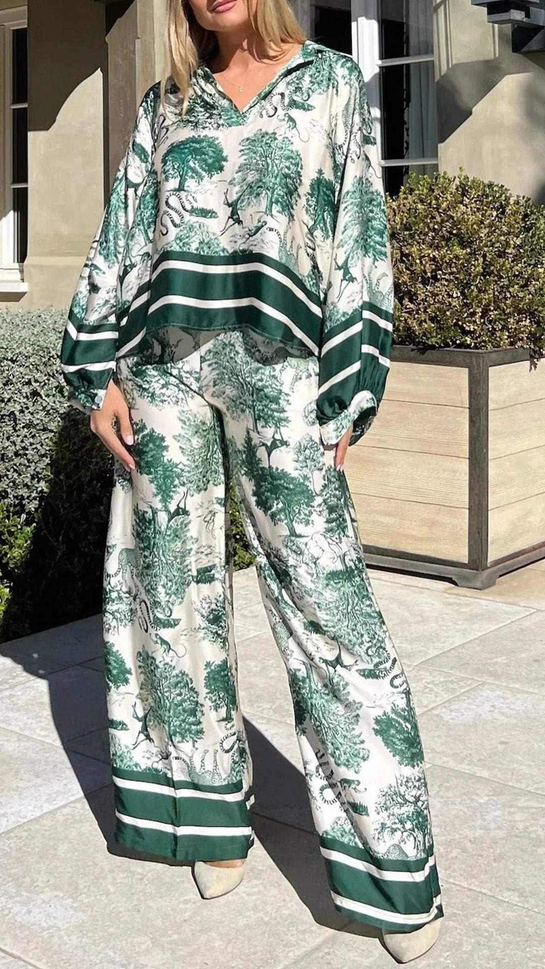 Women V-neck Tree Printed Set Long-sleeved Casual Pant Suit