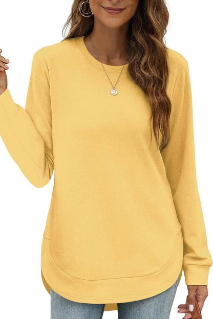 Women's Casual Round Neck Long Sleeve Curved Hem Top