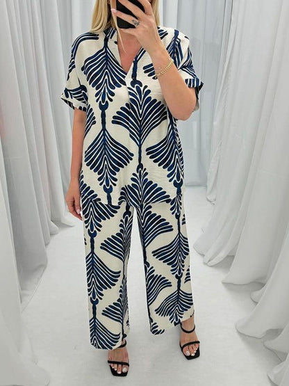 Women Casual V-neck Printed Two-piece Suit