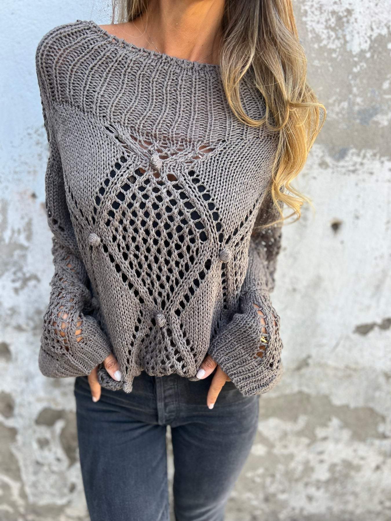 Round Neck Long Sleeve Knitted Top with Hollow Design