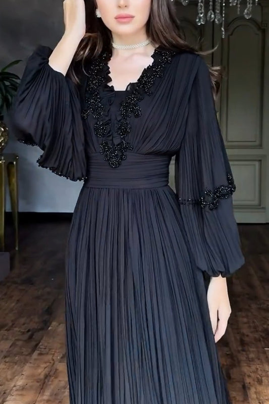 Women's Elegant V-neck Lace-embellished Puff Sleeve Dress