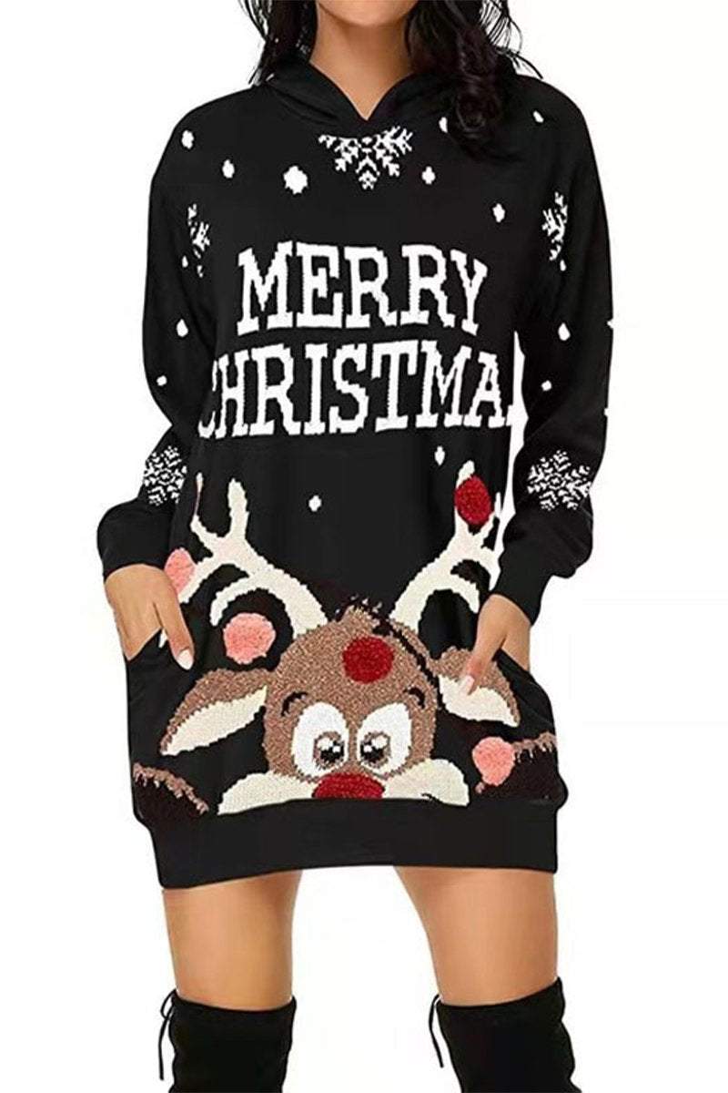 Women's Casual Christmas Printed Long Sleeve Hooded Dress