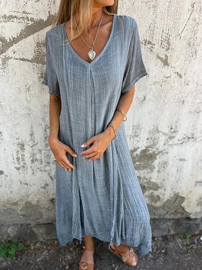 Women casual dress Cotton and Linen V-neck Midi Dress