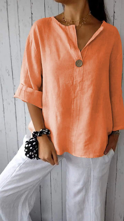 V-neck Mid-sleeve Cotton and Linen Top