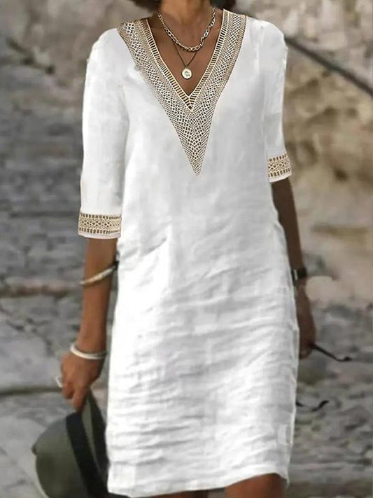 Women Summer V-neck Mid-sleeve Cotton and Linen Casual Dress