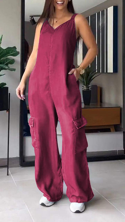 Women Thin Denim Cargo Pocket V-neck Jumpsuit