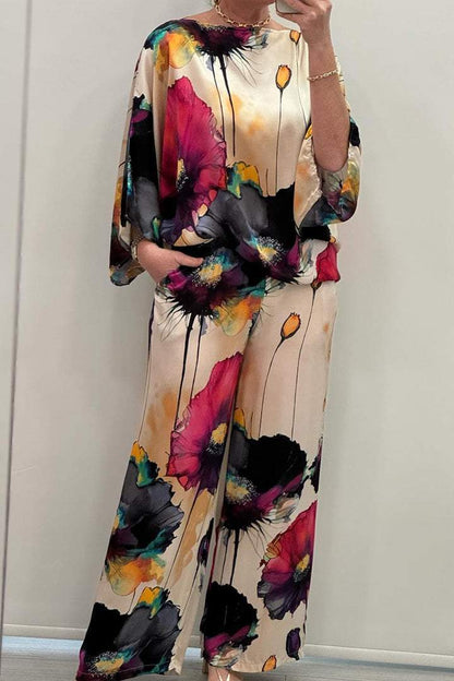 Women Casual Floral Printed Set Crew Neck Satin Two Piece Suit