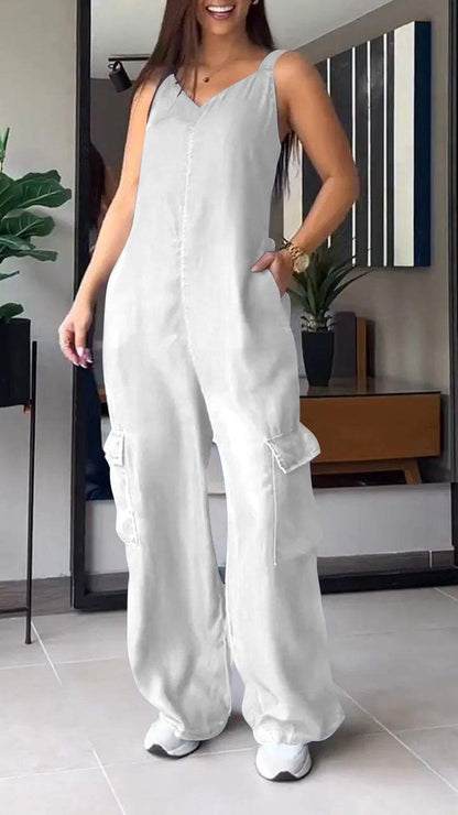 Women Thin Denim Cargo Pocket V-neck Jumpsuit