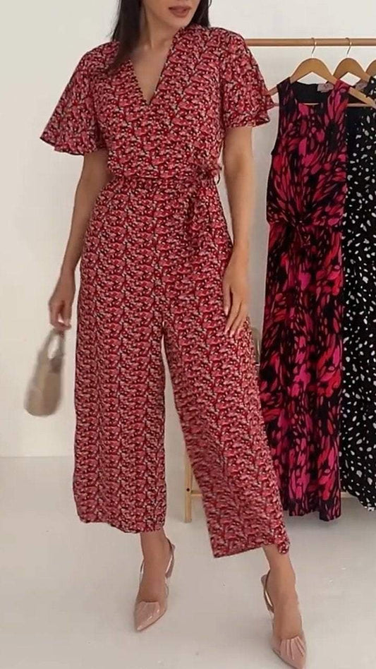 Women's V-neck Short-sleeved Printed Casual Jumpsuit