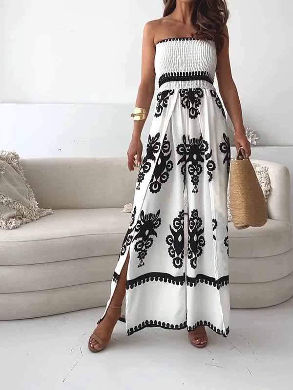 Women's casual black and white patchwork waist jumpsuit tube top printed jumpsuit