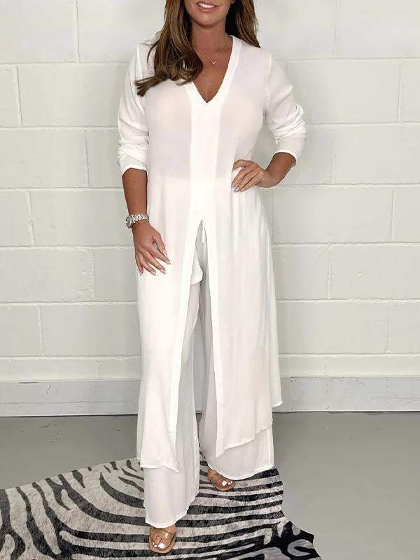 Women Summer Pant Suit Cotton V-neck Slit Casual Two-piece Set