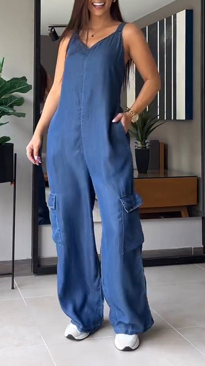 Women Thin Denim Cargo Pocket V-neck Jumpsuit