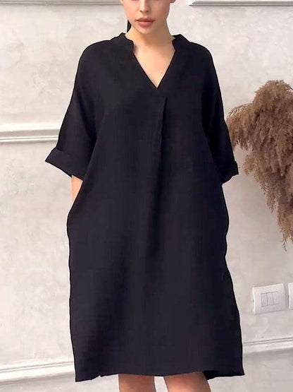 Women Comfortable spring and summer cotton and linen v-neck solid color dress